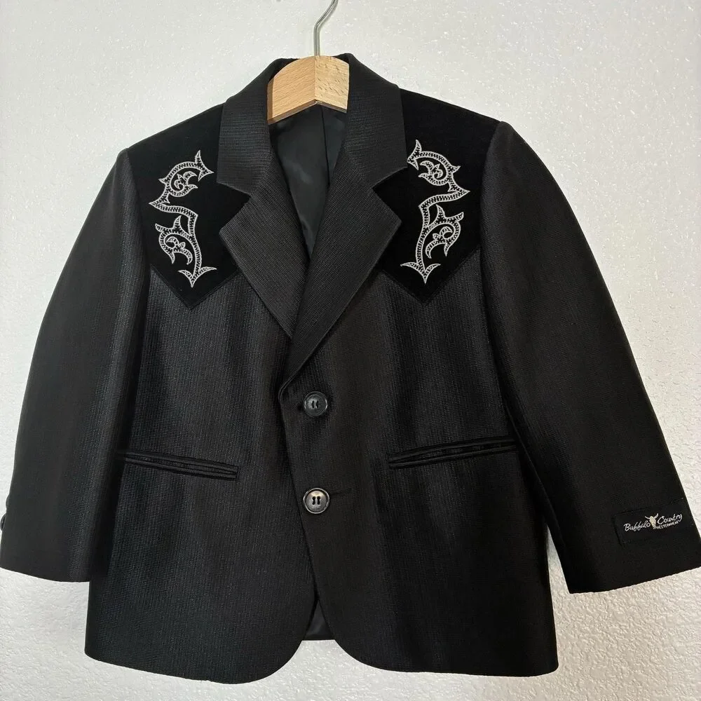 Buffalo Country Suit Jacket Boys 4 Black Western Cowboy Embroidered Velvet Yoke